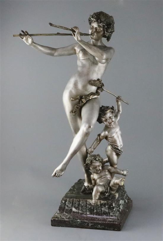 Affortunato Gory (1895-1930). A French silvered bronze group of a bacchanalian pipe player and two putti, H.25in.